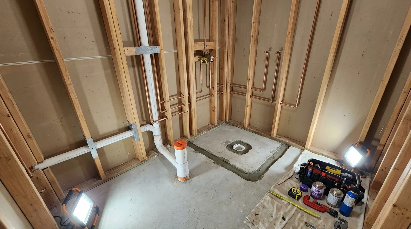 Bathroom rough-in plumbing during remodel by Johns Plumbing LLC in Upland