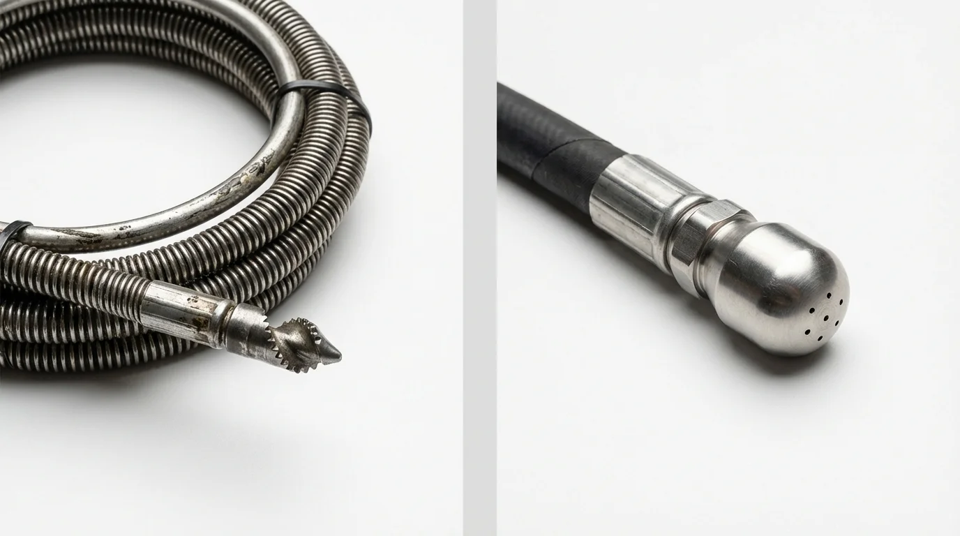 Drain snake cable and hydro jetting nozzle used for drain cleaning in Upland, IN