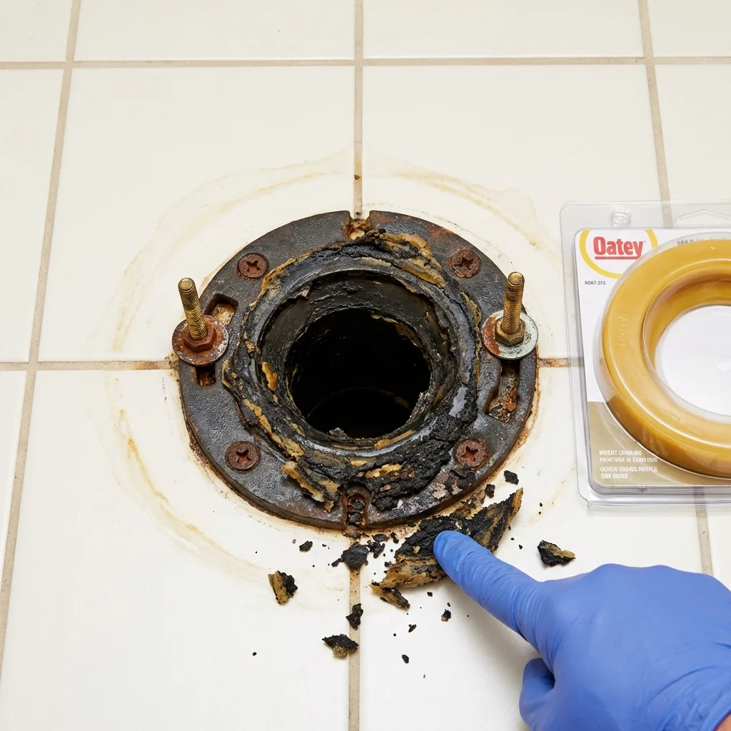 Failed wax ring showing water seepage at the base of a toilet in a Upland, IN home