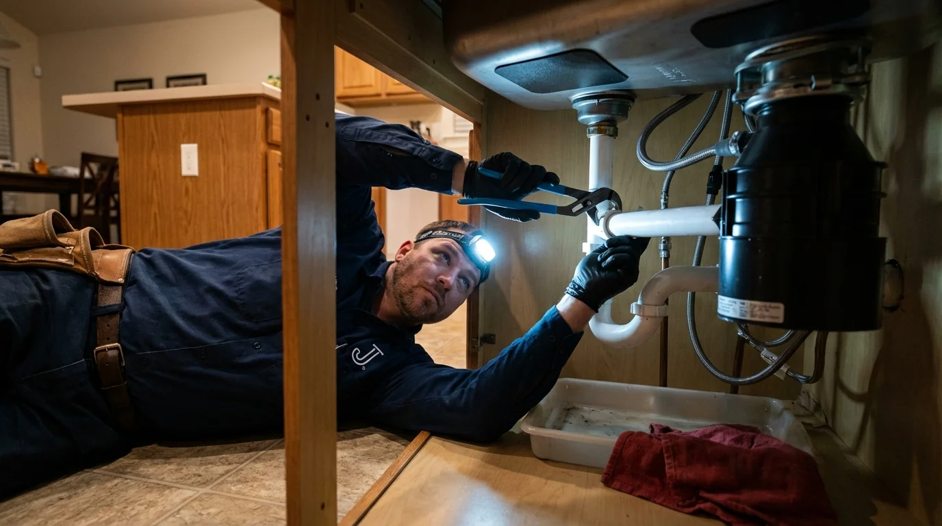 P-trap and supply line connections under a kitchen sink showing a common leak point in Upland, IN